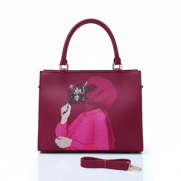Haya Art Canvas Handbag-Maroon