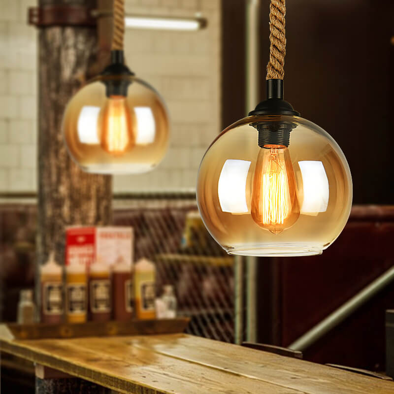 Vintage Rope Pendant Light, Glass Globe Rustic Farmhouse Hanging Lamp for Kitchen Island, E26 Base