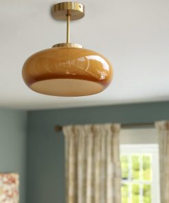 Vintage Amber Glass Ceiling Light, Semi Flush Mount Retro Close to Ceiling Lamp for Hallway, E26 Base