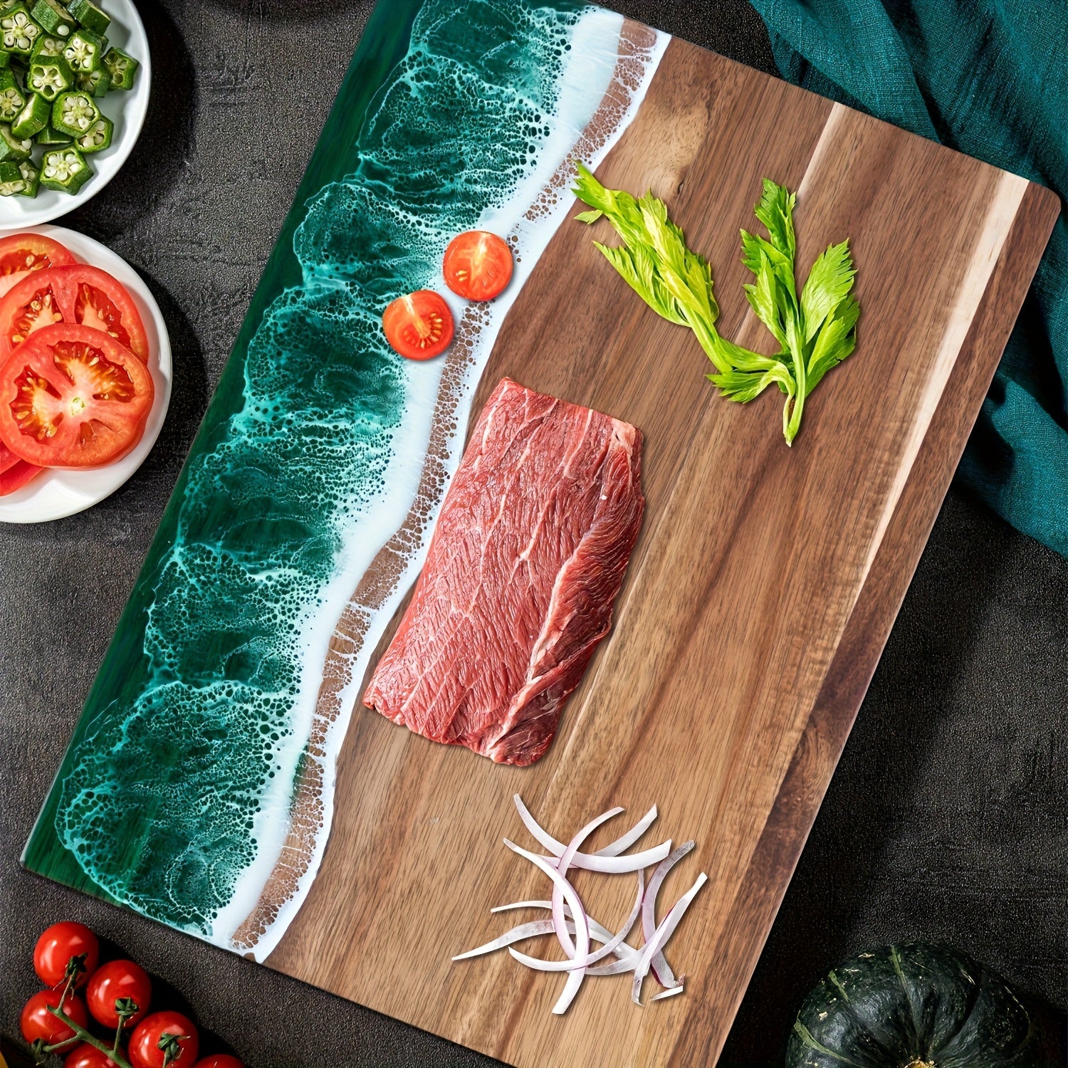 Wave Resin Cutting Board, Acacia Wood Ocean Wave Epoxy Charcuterie and Cheese Serving Board - Image 11