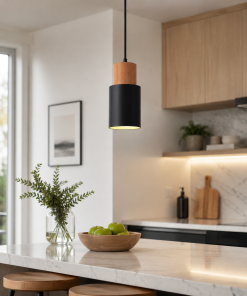Alternative view of Tavero Wood Pendant Light, Modern Black and Wood Hanging Lamp for Kitchen Island and Dining Room