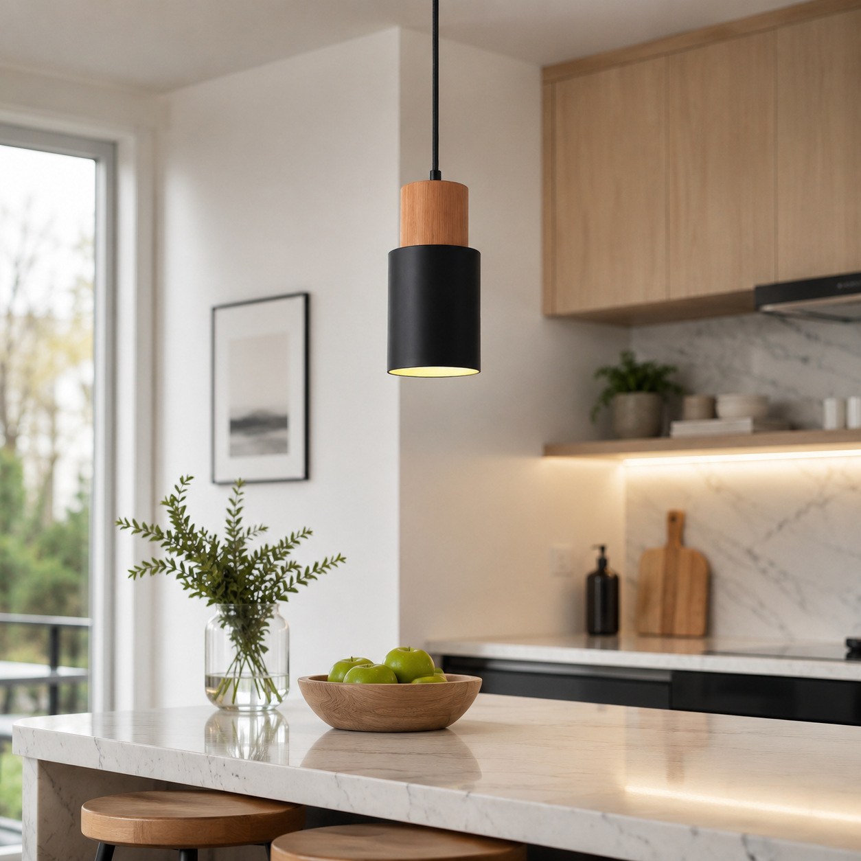 Tavero Wood Pendant Light, Modern Black and Wood Hanging Lamp for Kitchen Island and Dining Room - Image 2