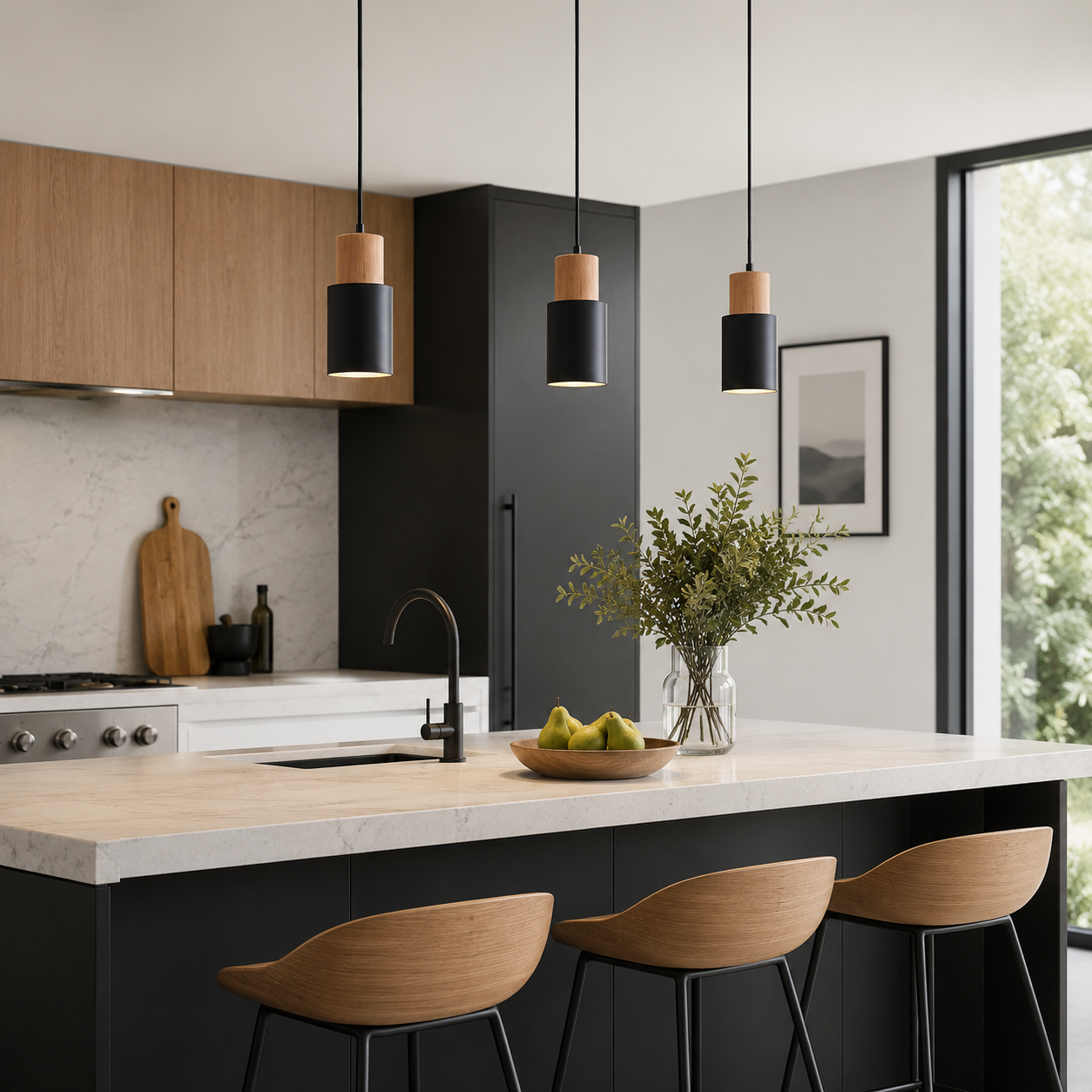 Tavero Wood Pendant Light, Modern Black and Wood Hanging Lamp for Kitchen Island and Dining Room - Image 4