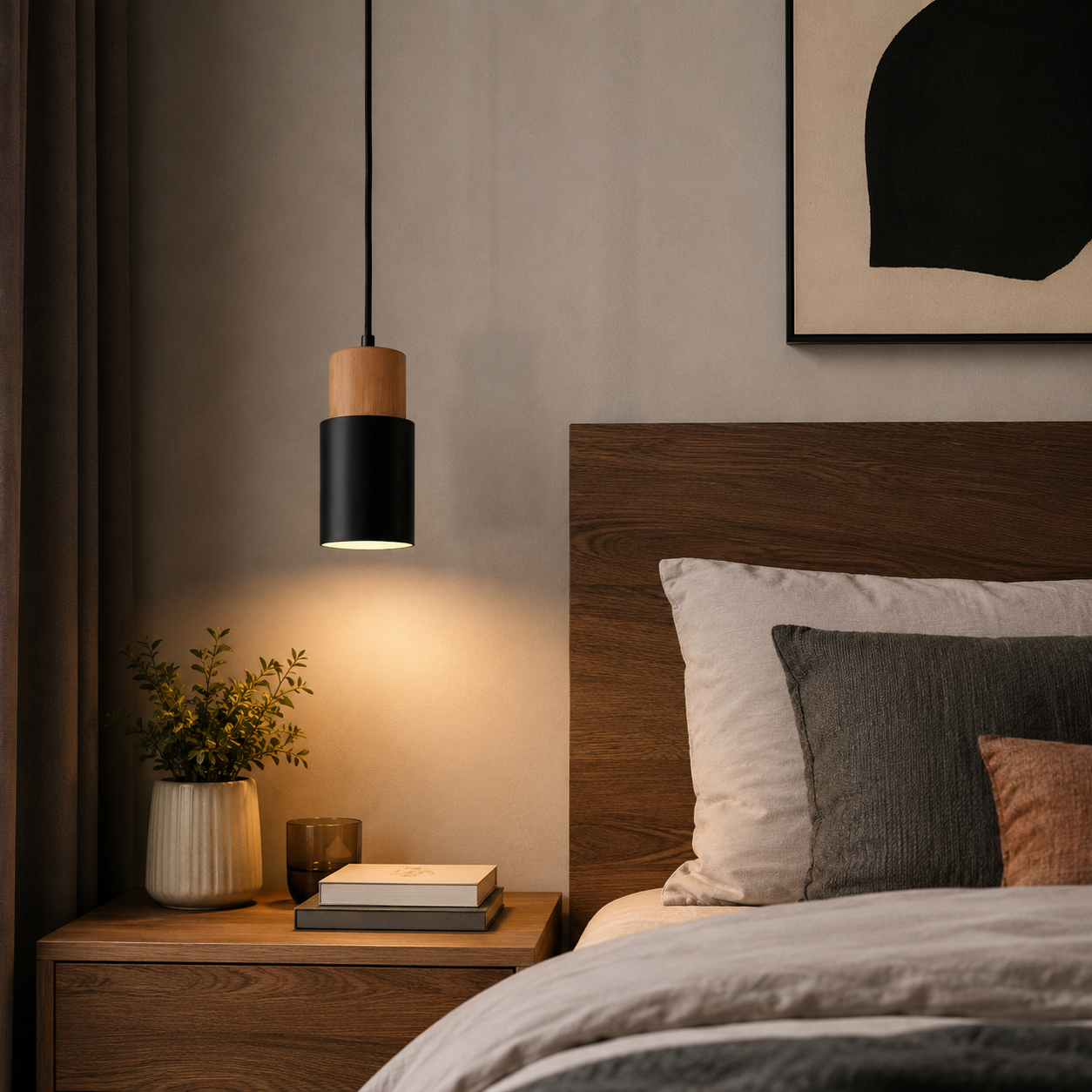 Tavero Wood Pendant Light, Modern Black and Wood Hanging Lamp for Kitchen Island and Dining Room - Image 6